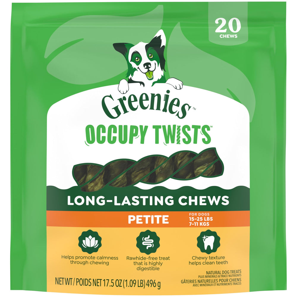 Greenies Occupy Twists Petite friandises poulet, texture croquante pour mâcher durablement.