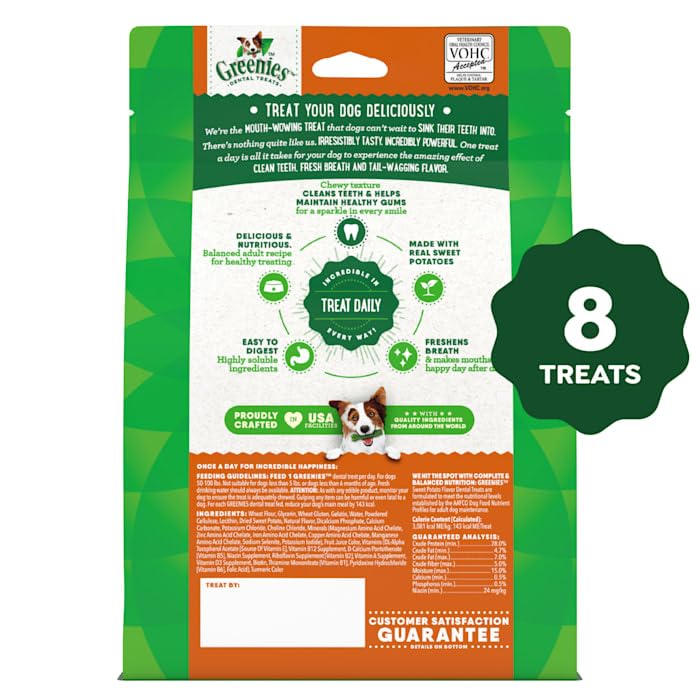Greenies os dentaires chien patate douce, texture croquante pour nettoyage des dents.