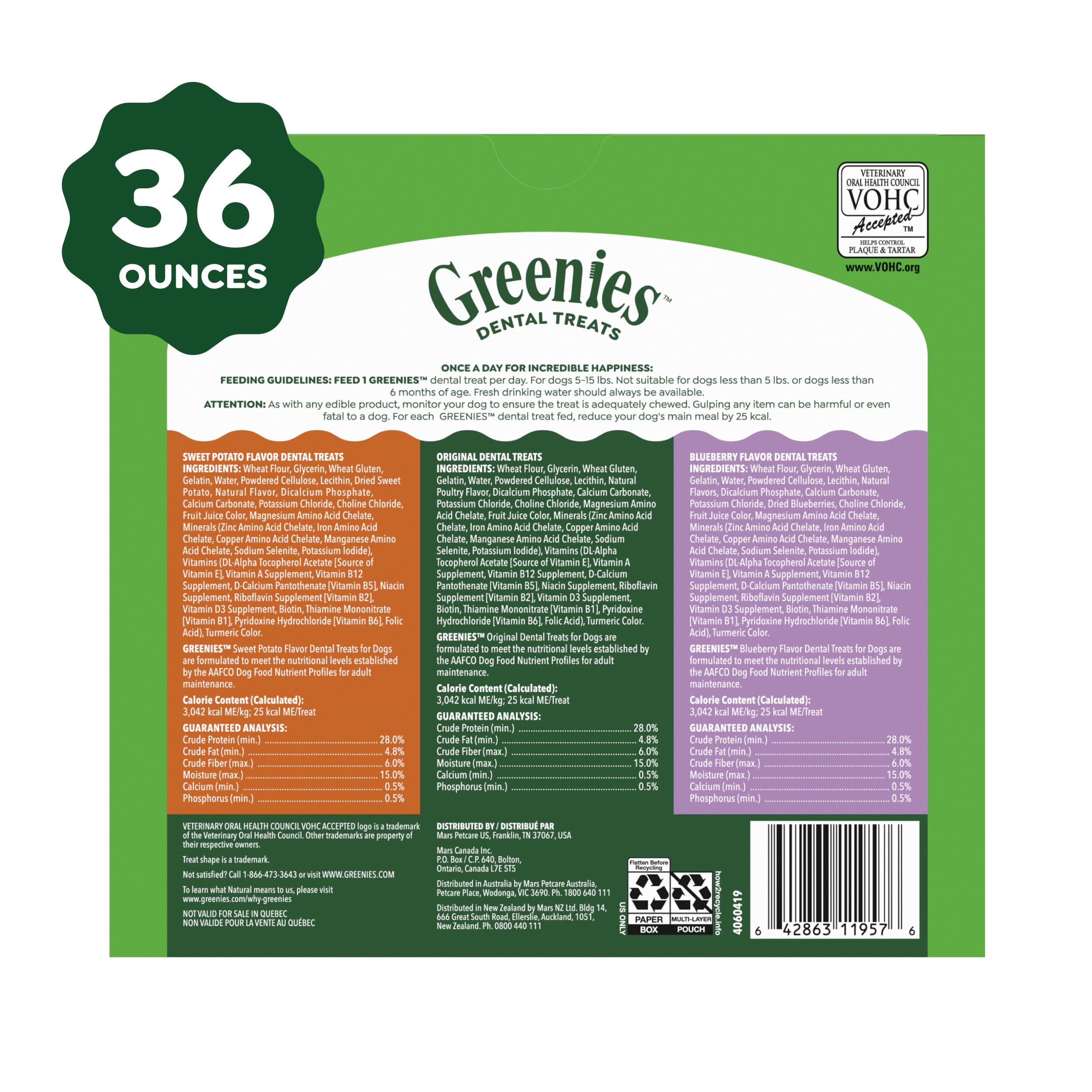 Greenies packaging varié met en avant la variété de saveurs.
