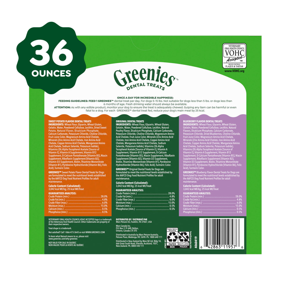 Greenies packaging varié met en avant la variété de saveurs.