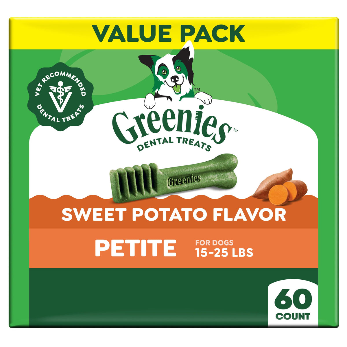 Greenies Petite emballage croquettes dentaires patate douce, hygiène bucco-dentaire quotidienne.