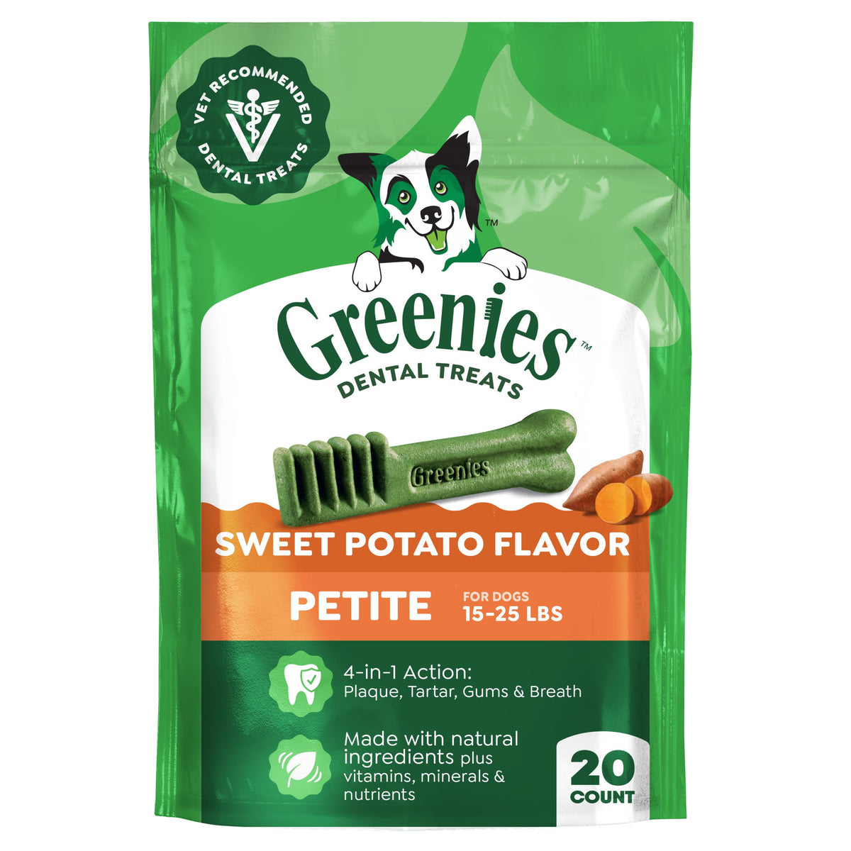 Greenies Petite, os dentaire patate douce pour chien, goût apprécié et nettoyage.