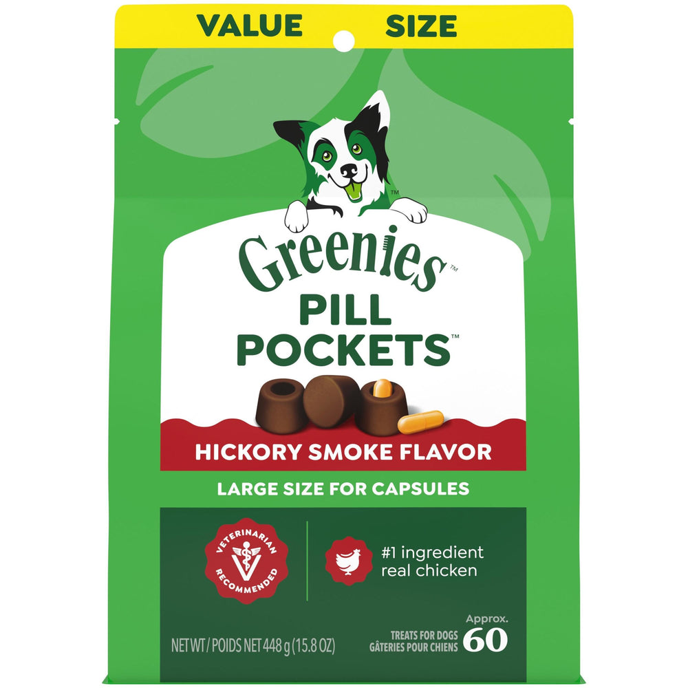 Greenies pochette pilules chien grande taille, saveur fumée de Hickory, facilite ingestion.