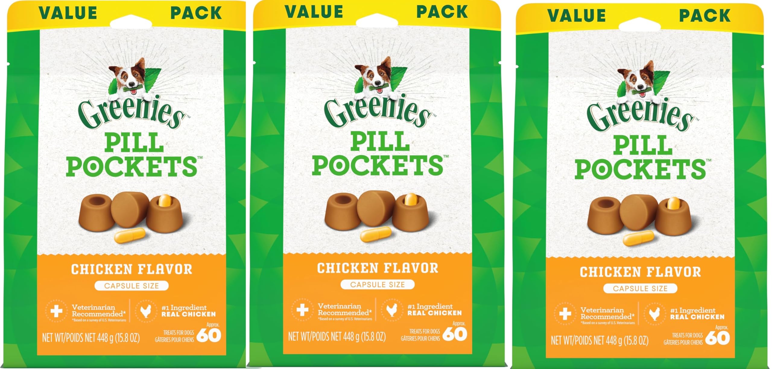Pochettes Greenies pour chien, emballage montrant les 3 paquets pratiques.