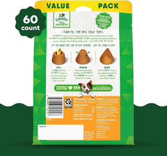 Friandises Greenies saveur poulet, présentation appétissante pour chien.