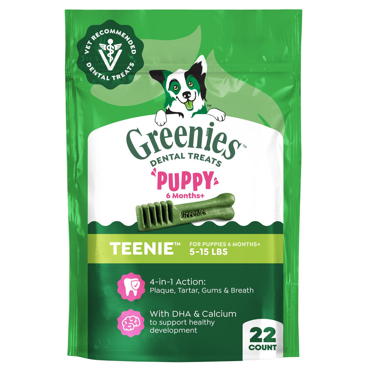Greenies Puppy Teenie emballage, friandises dentaires faciles à intégrer au quotidien.