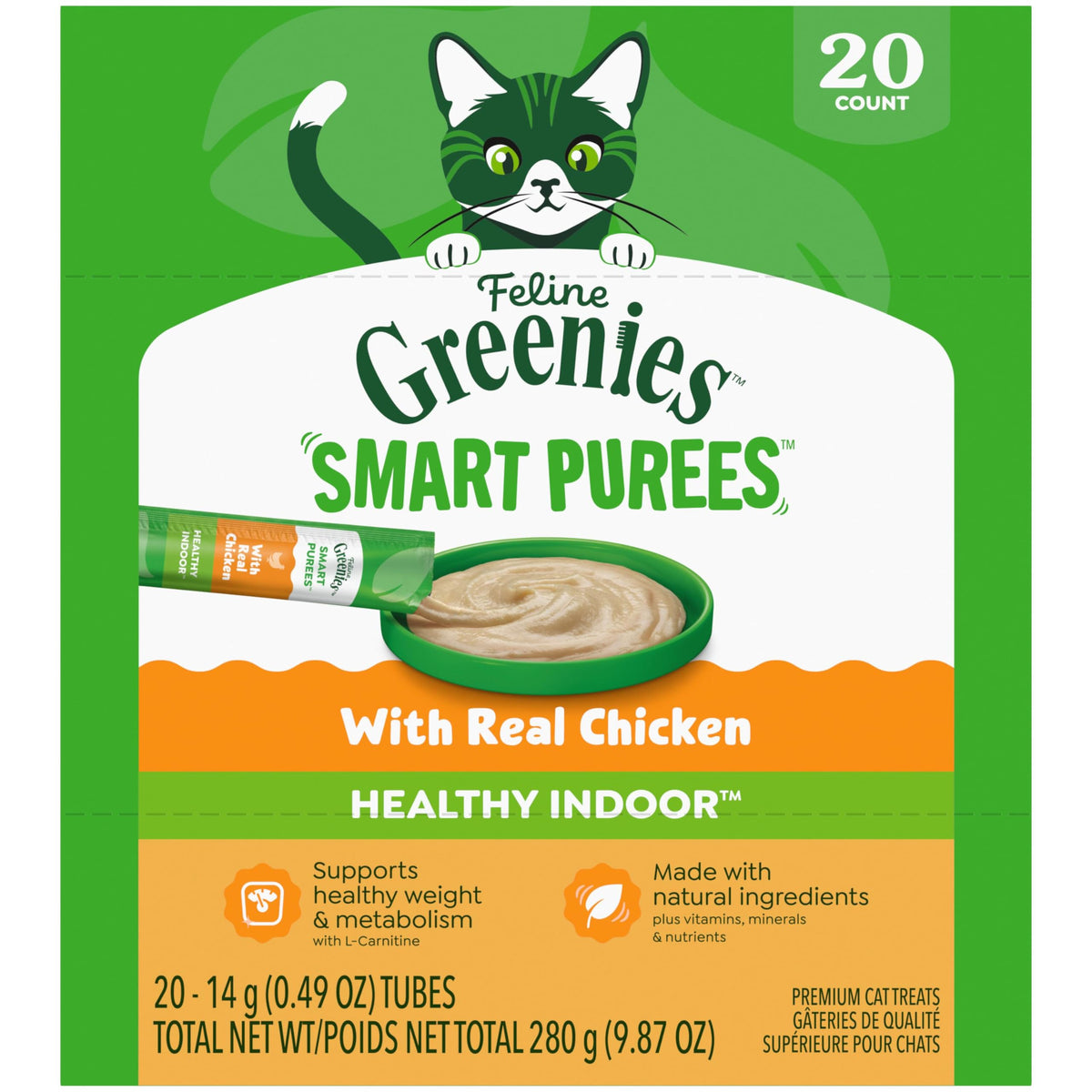 Greenies Purée Intelligente Féline: purée au poulet réel, texture appétissante pour chats.