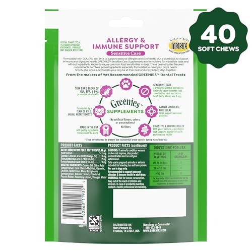 Greenies Sensitive Care emballage arrière, informations claires pour l’utilisateur