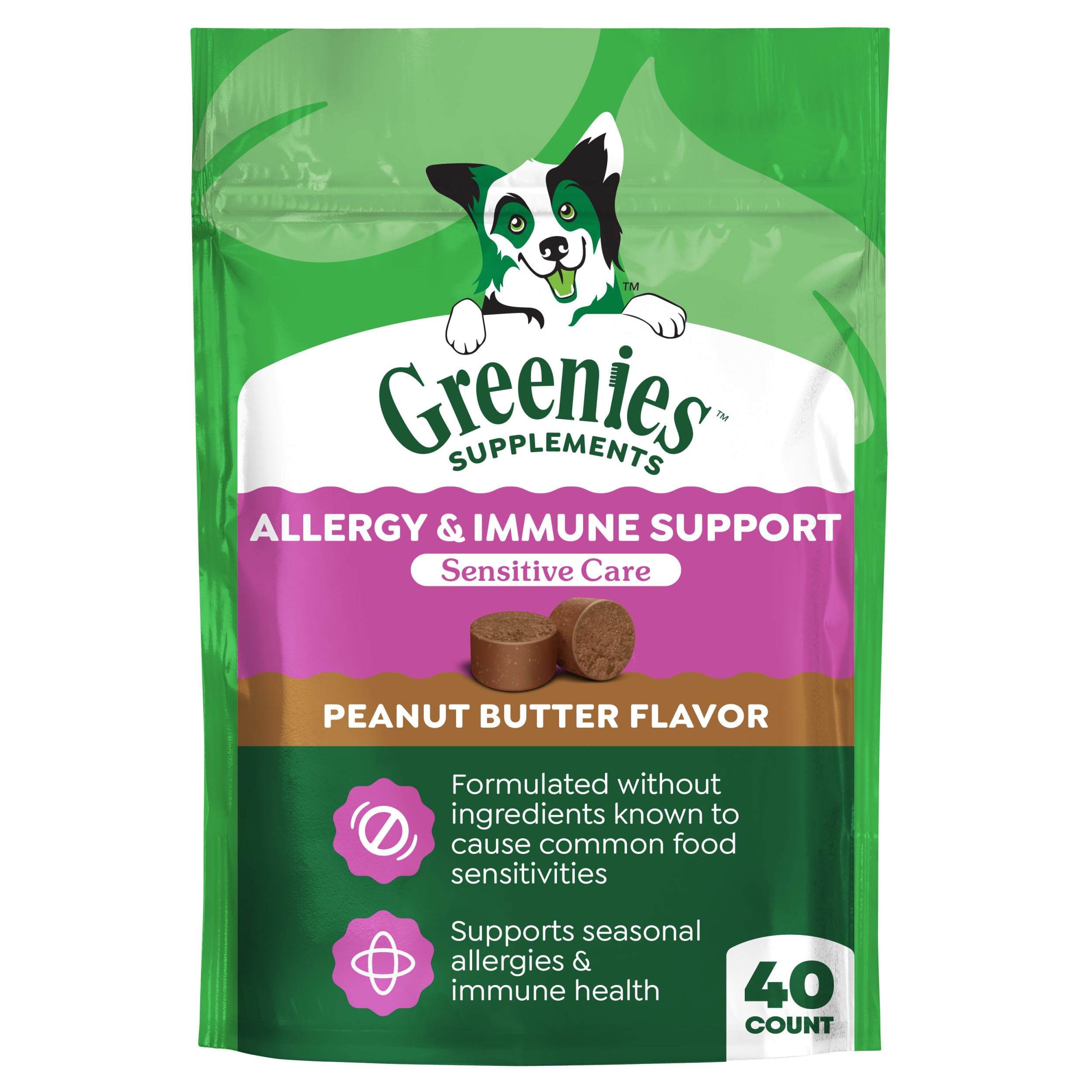 Greenies Sensitive Care emballage avant, repère rapide du complément pour chien sensible