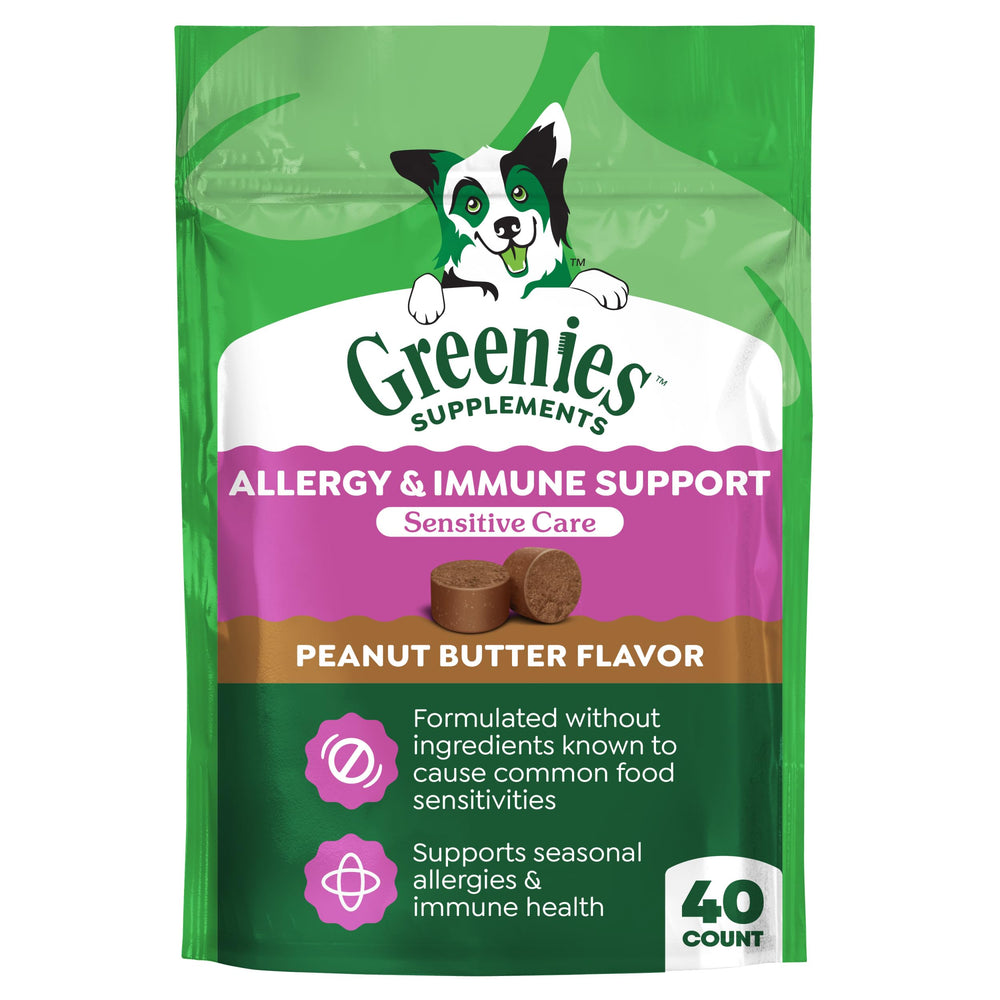 Greenies Sensitive Care emballage avant, repère rapide du complément pour chien sensible