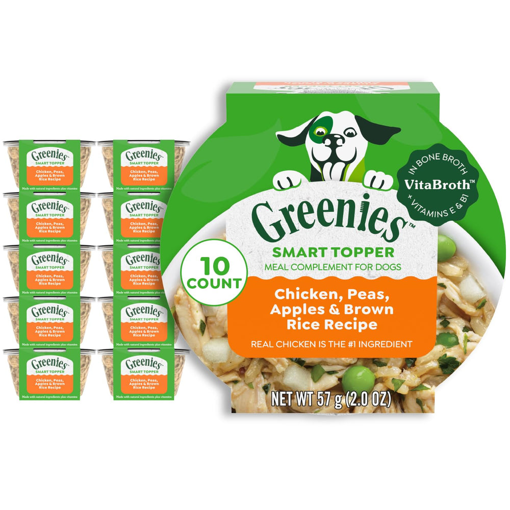 Greenies Smart Topper, ingrédient poulet visible, repas plus appétissants pour chiens.