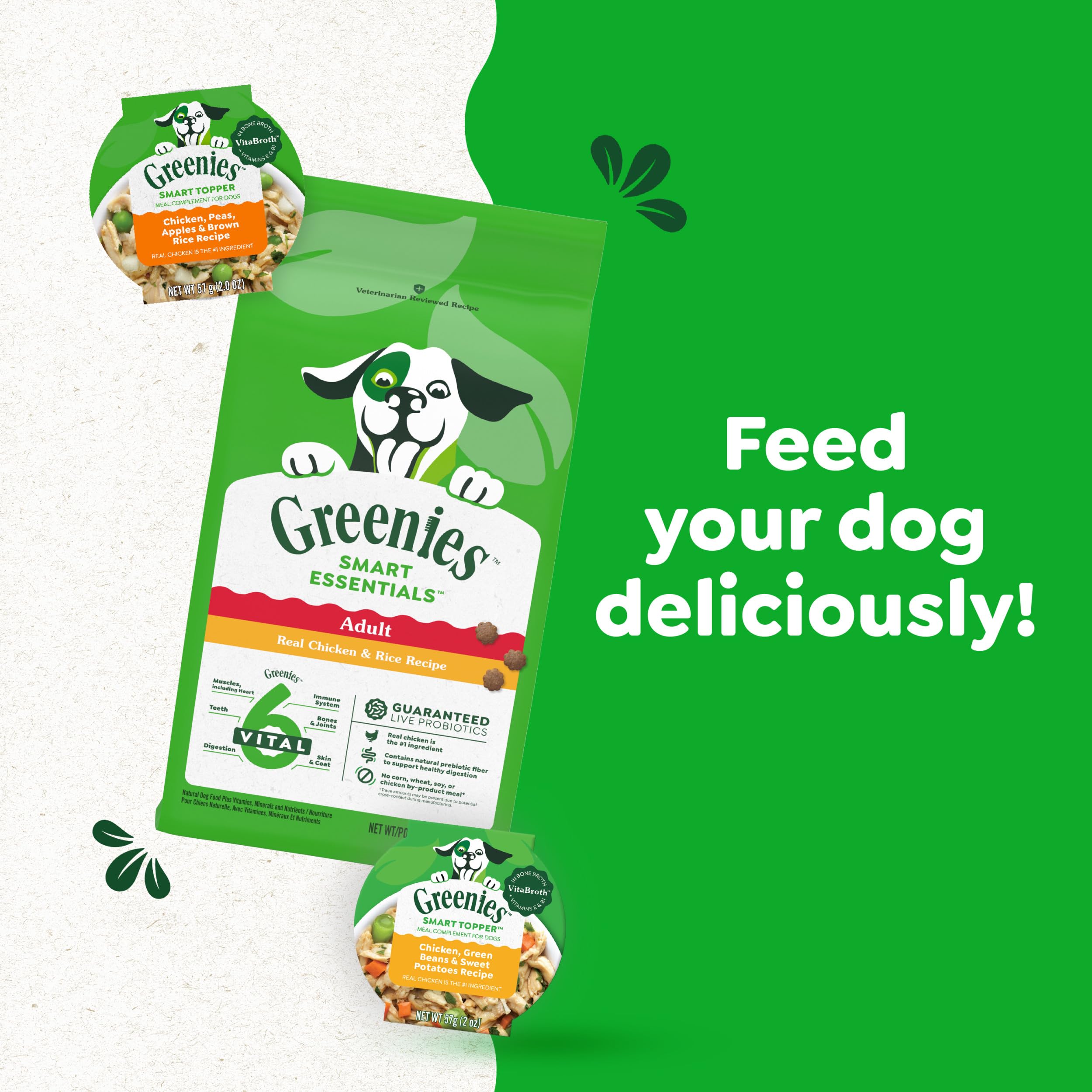 Greenies Smart Topper sans maïs, sans blé et sans soja pour alimentation sans céréales.