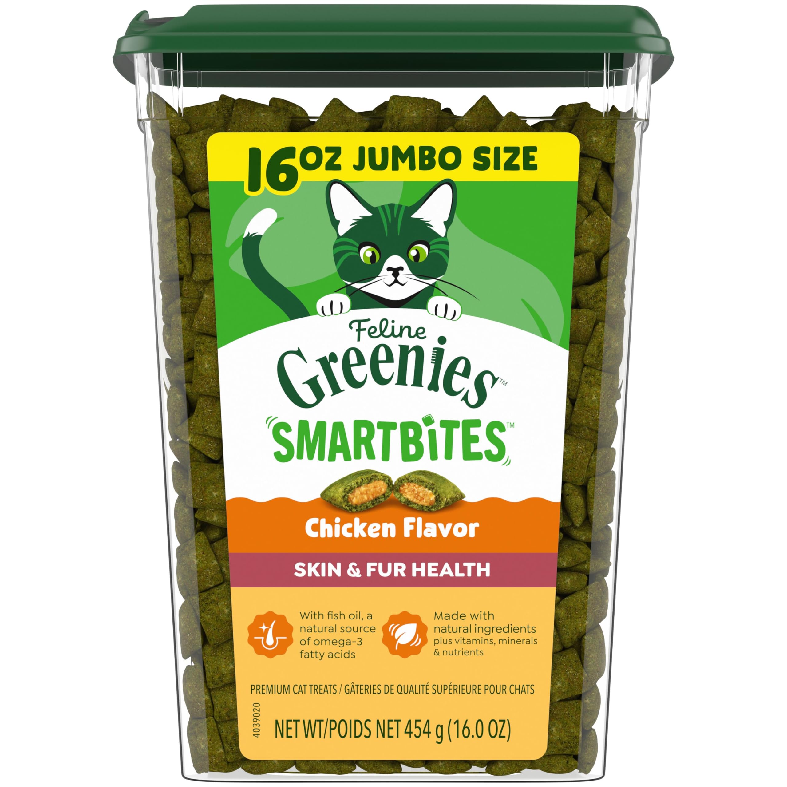 Greenies Smartbites Skin & Fur dans le tub 450 g, snack équilibré pour pelage sain.