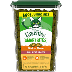 Greenies Smartbites Skin & Fur dans le tub 450 g, snack équilibré pour pelage sain.