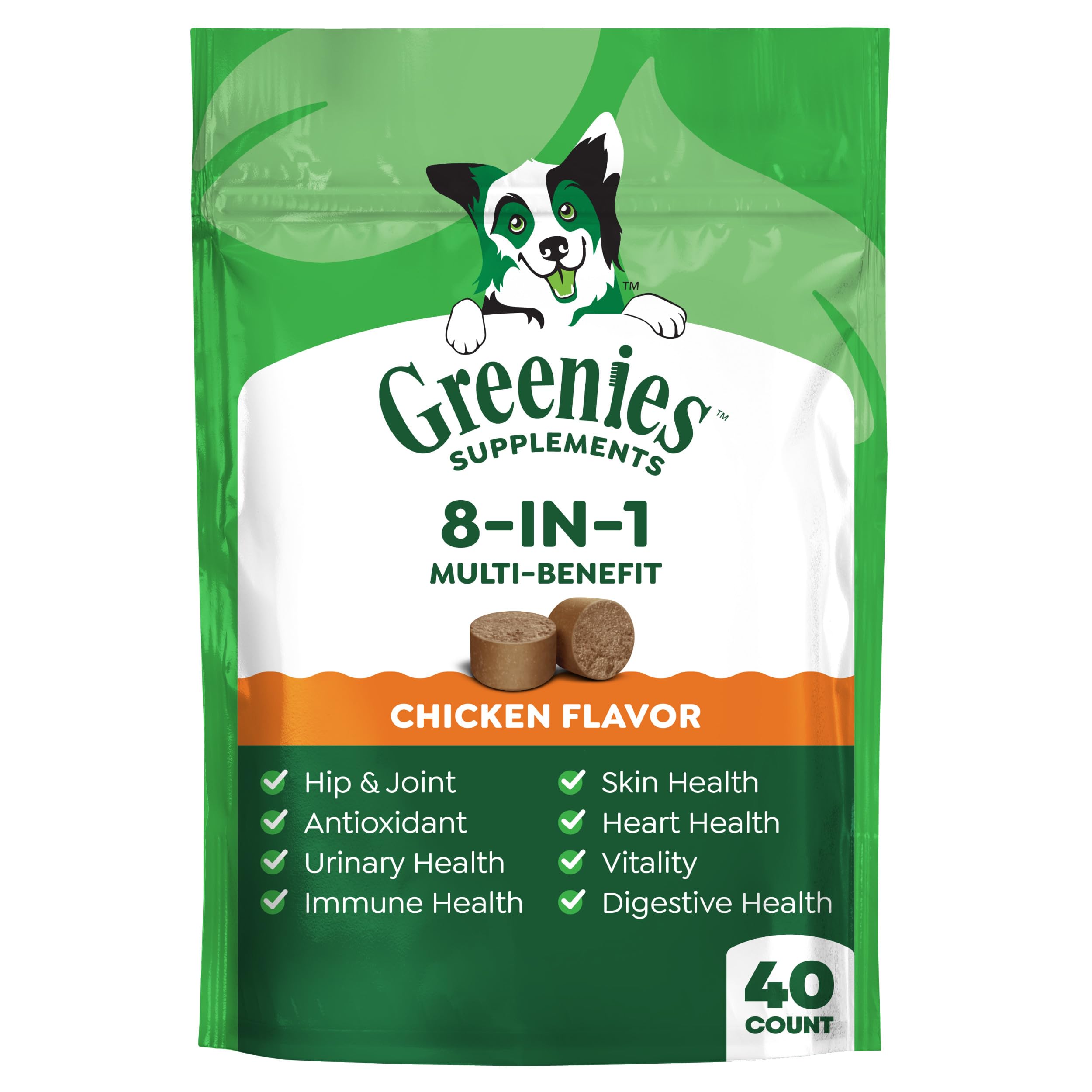 Greenies 8-en-1 au poulet dans une poche pratique pour usage quotidien.