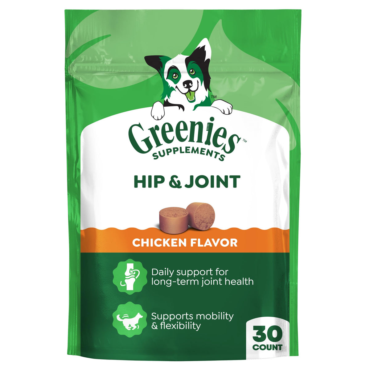 Greenies suppléments pour hanches et articulations, friandises moelleuses pour chiens actifs.