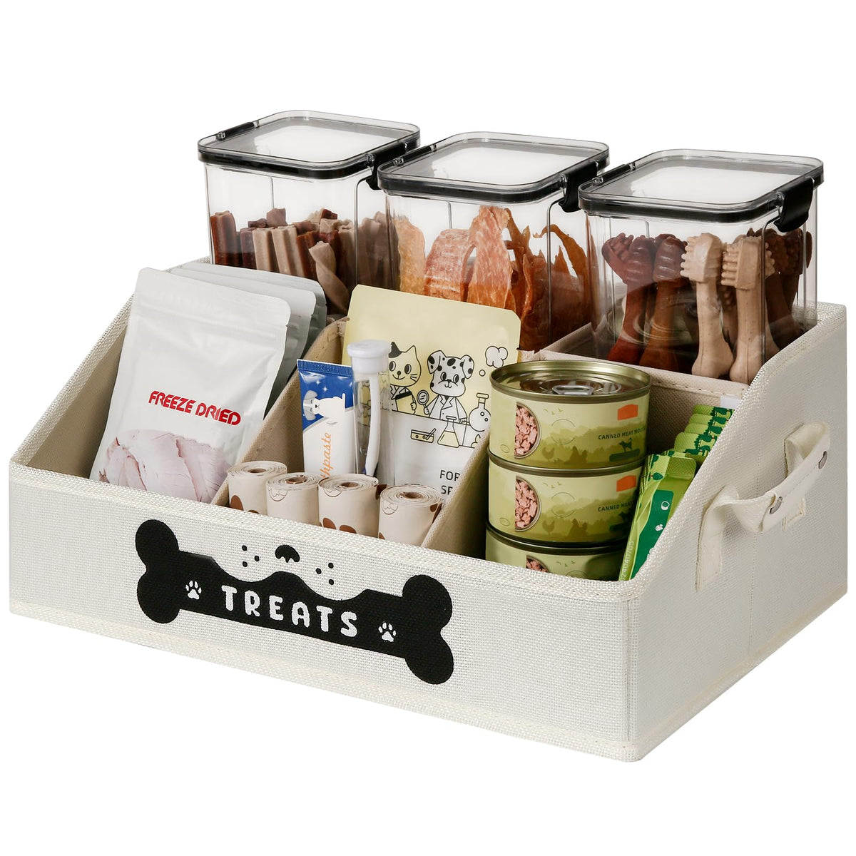 GreenPetopia conteneur friandises chien, vue frontale trapézoïdale, accès rapide.