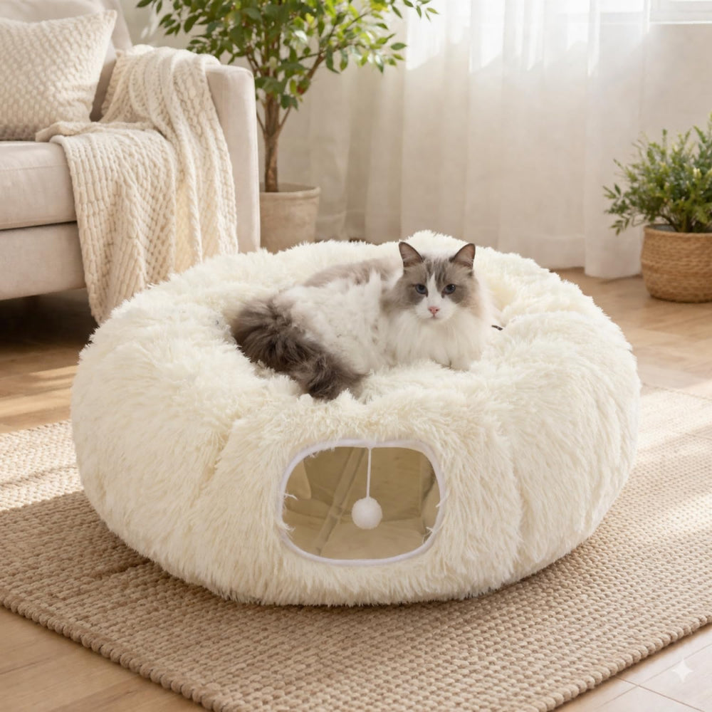 Grelife tunnel-chat anneau blanc, parfait pour jeux et sieste.