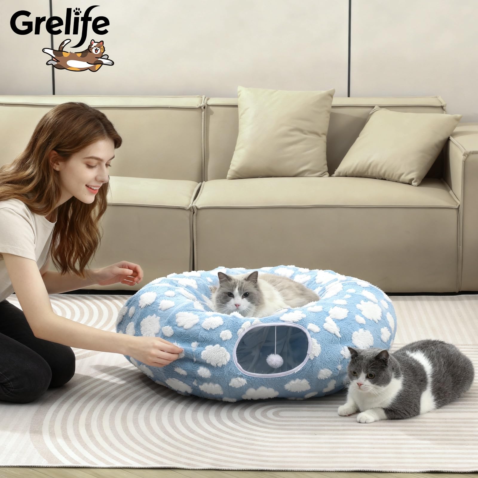 Grelife tunnel rond 2-en-1 offre nid douillet et aire de jeu.