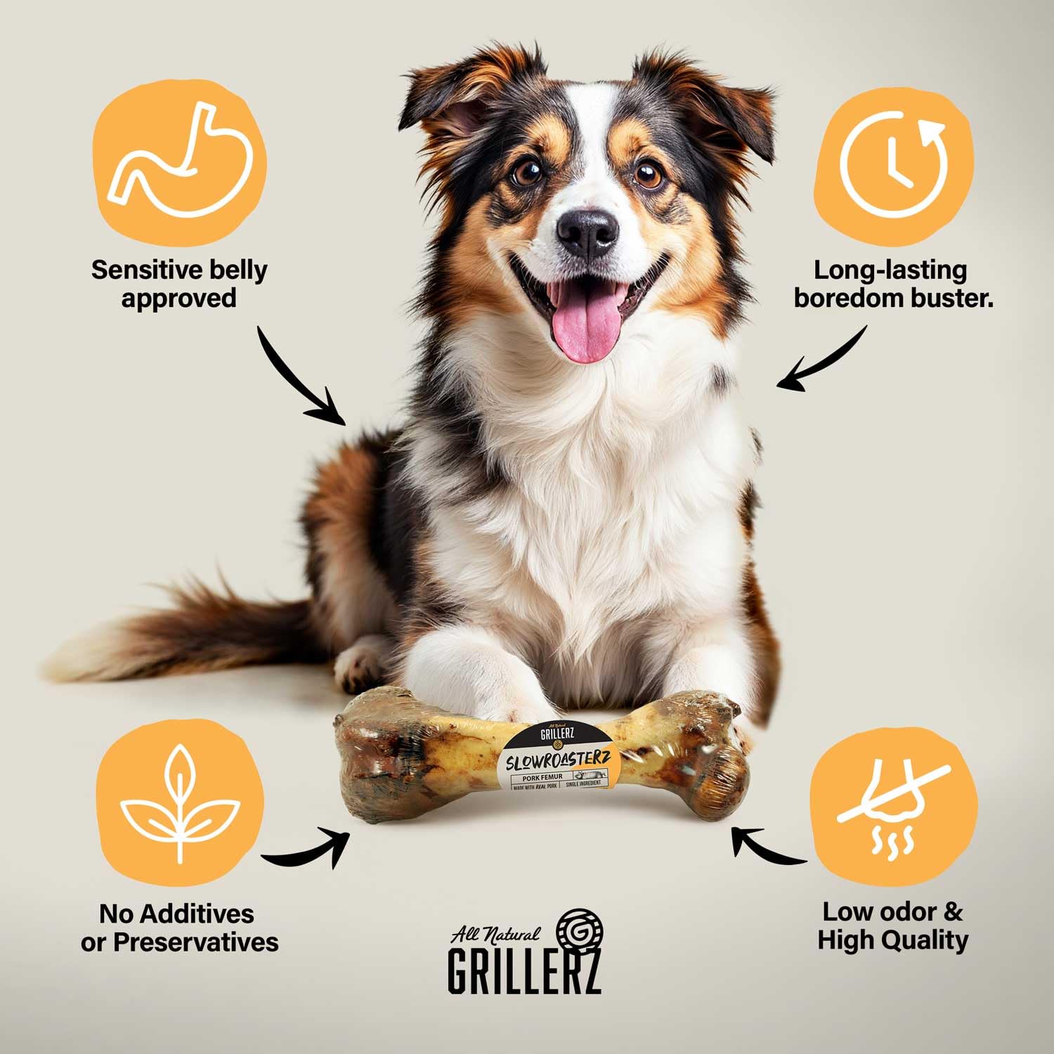 Grillerz os de porc – emballage indiquant produit naturel sans conservateurs.