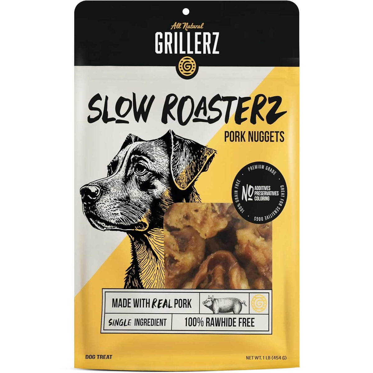 Grillerz Pork Nuggets sac-450g: bouchées naturelles pour chiens.