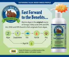 Grizzly Algal Plus – étiquette montrant certification et ingrédients végétaux.