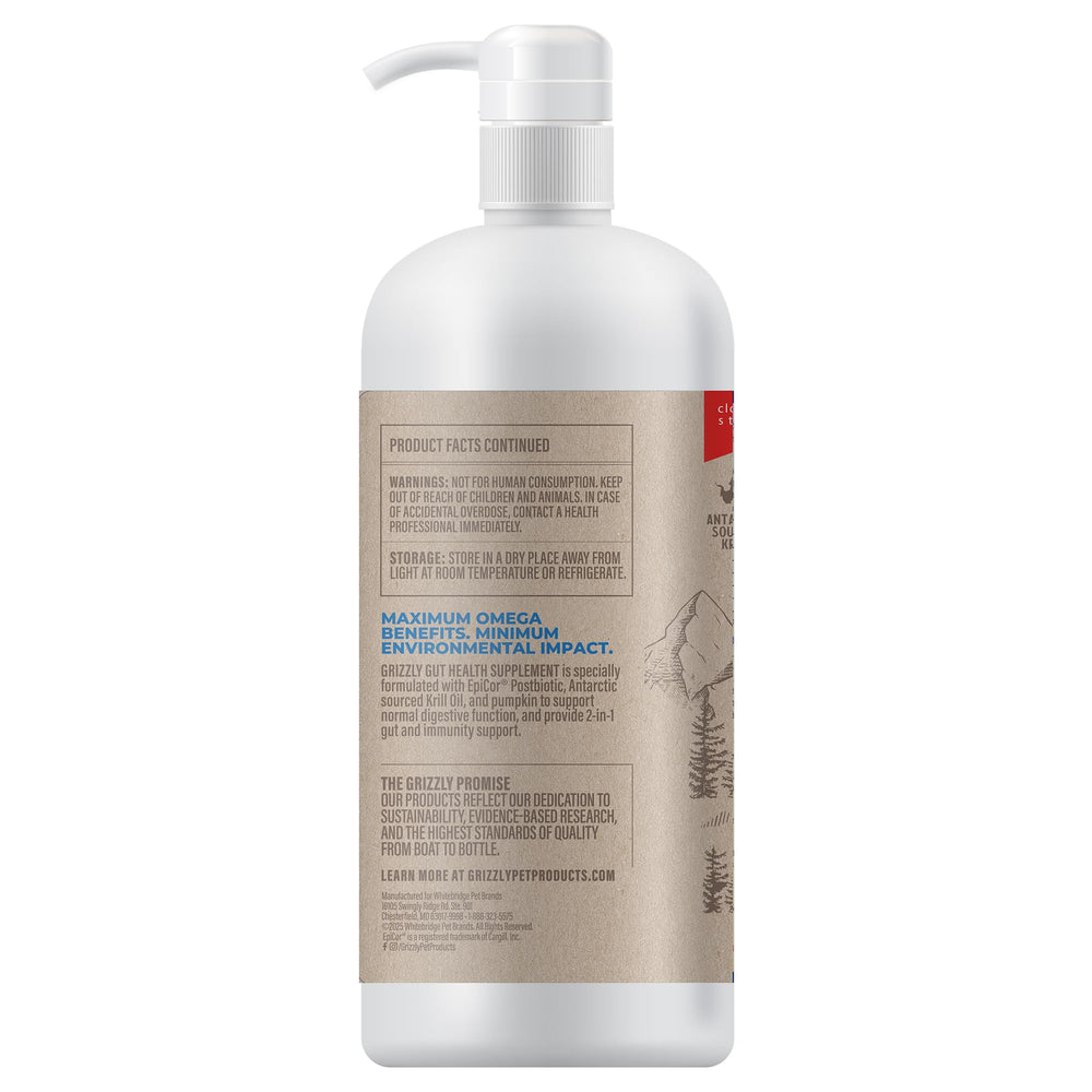 Grizzly Gut Health, pompe-doseuse sur nourriture, usage simple et goût agréable.