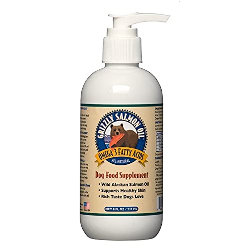 Huile de saumon GRIZZLY PET pour chiens, pompe pratique, favorisant un pelage sain et une peau nourrie.