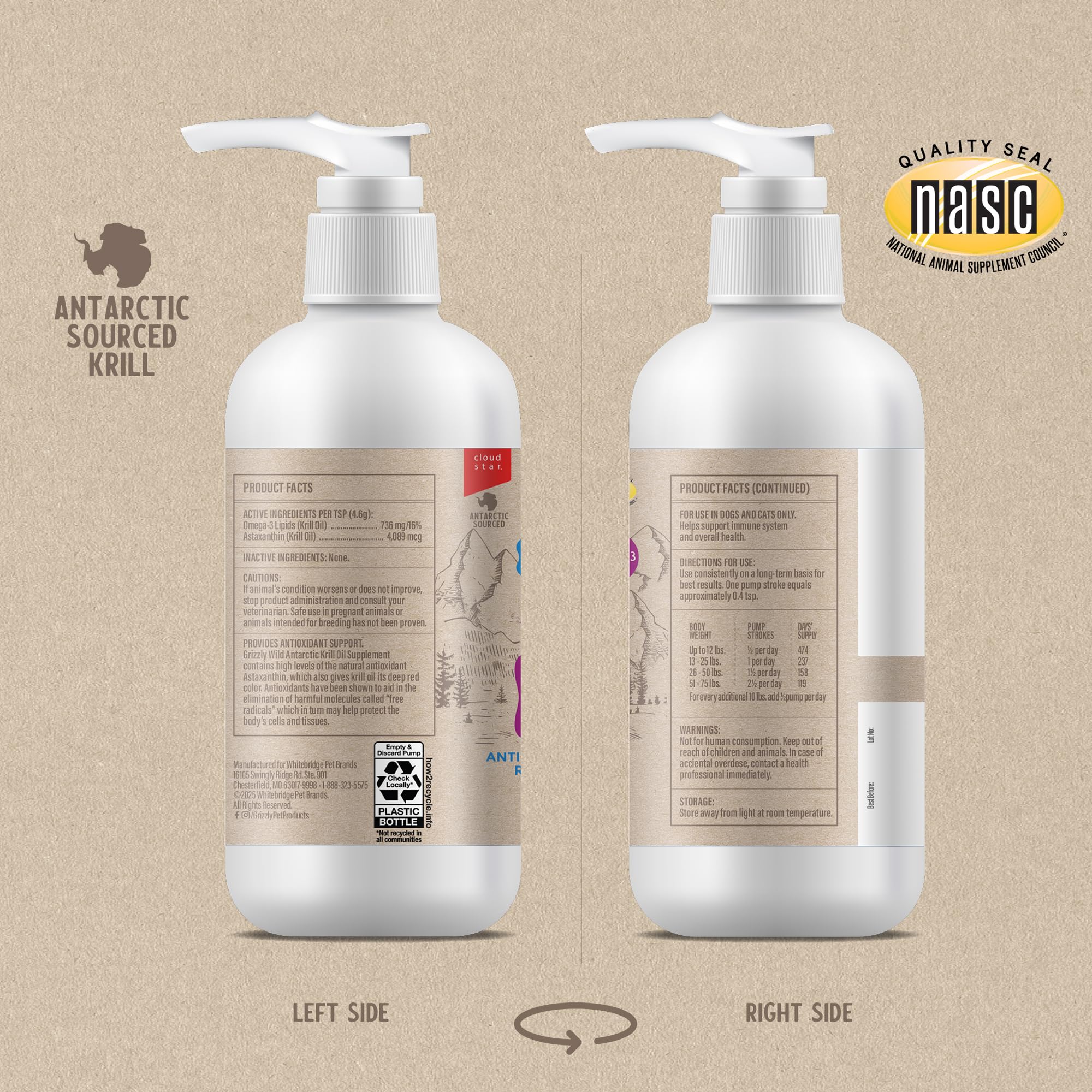 Grizzly Pet Products huile krill antarctique pompe médicale – dose précise sur nourriture