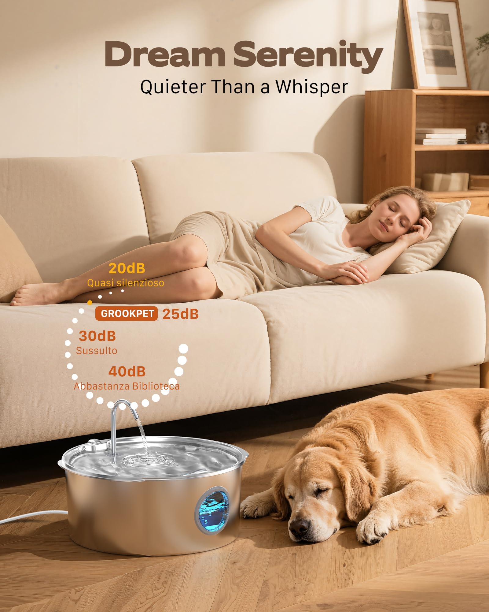 GROOKPET pompe IPX8 robuste assure longévité et fiabilité.