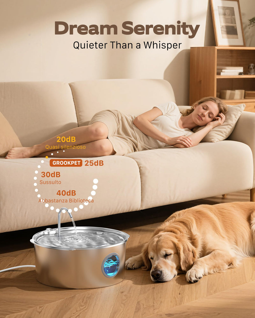 GROOKPET pompe IPX8 robuste assure longévité et fiabilité.