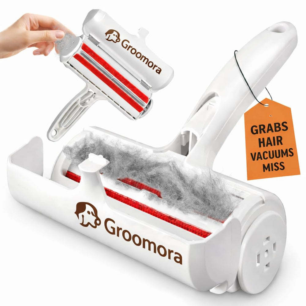 Groomora-rouleau-poils-en-action : élimine rapidement les poils d’animaux sur les textiles.