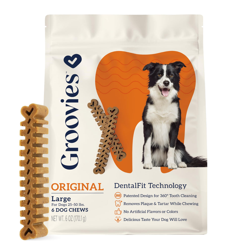 Groovies friandise dentaire flexible pour chien, nettoyage efficace pendant la mastication.