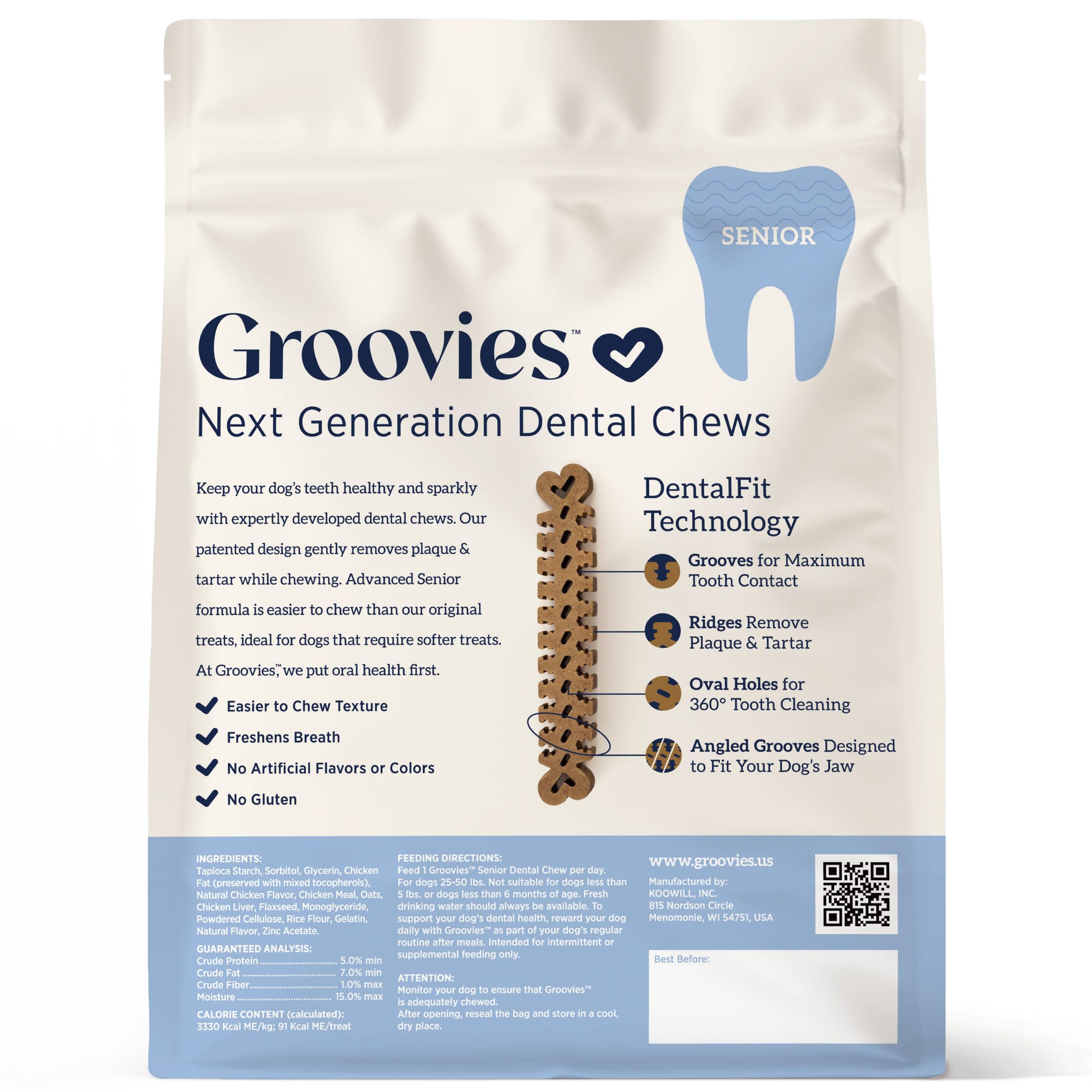 Groovies friandises dentaires au poulet, goût apprécié par les chiens.