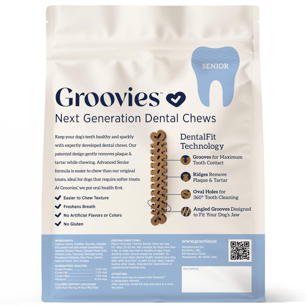 Groovies friandises dentaires au poulet, goût apprécié par les chiens.