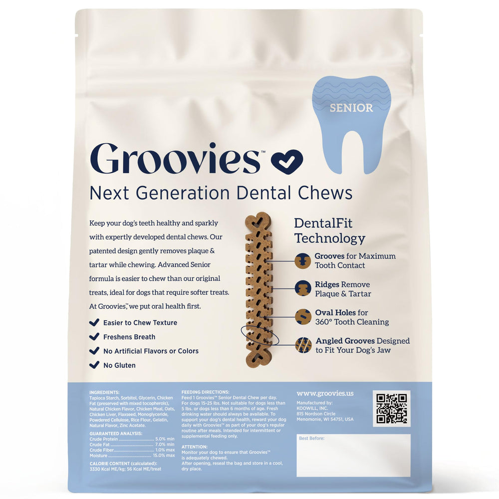 Groovies Senior texture flexible, friandises dentaires, facilite la mastication chez le chien.