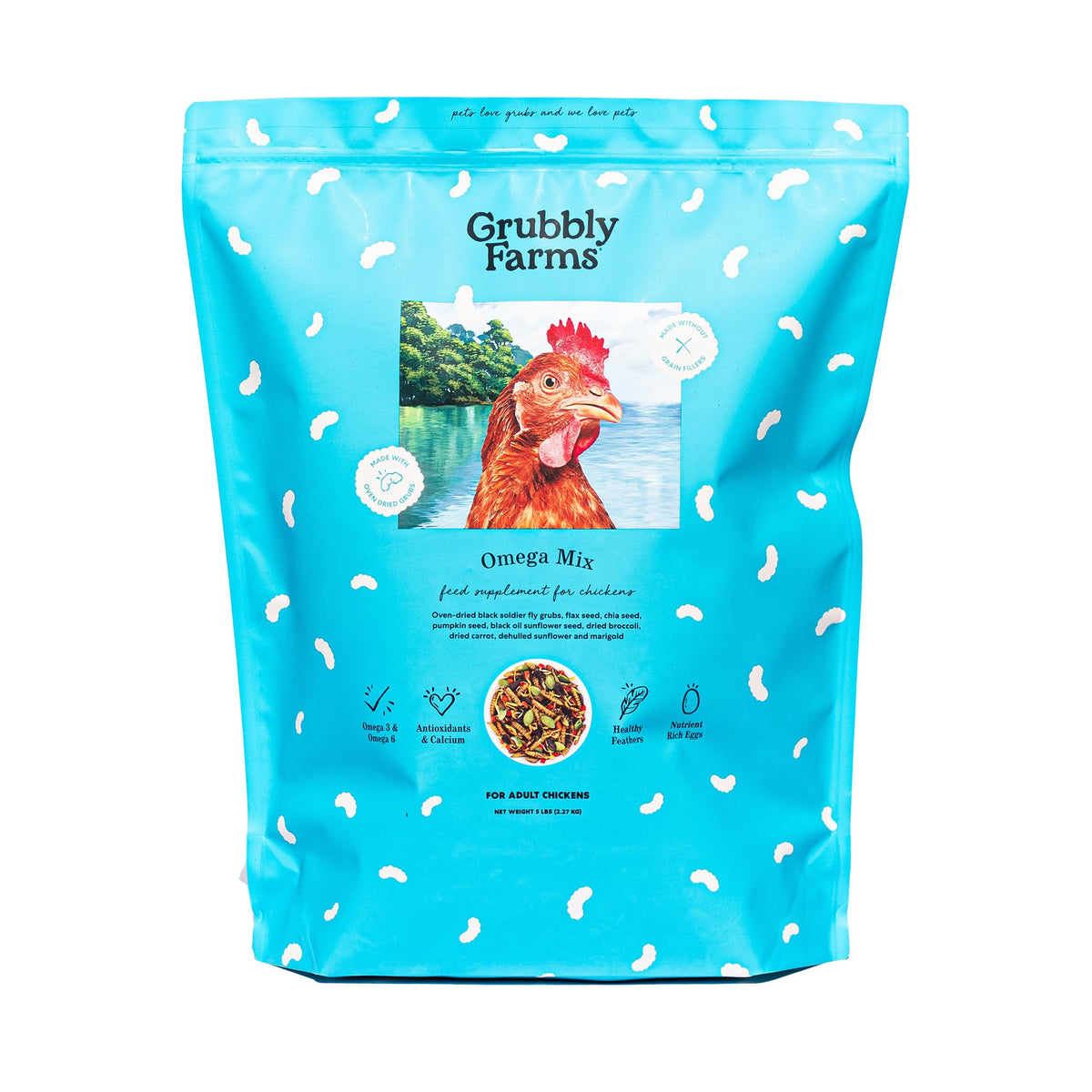 Grubbly Farms Omega Mix – emballage pratique pour le nourrissage quotidien des poules
