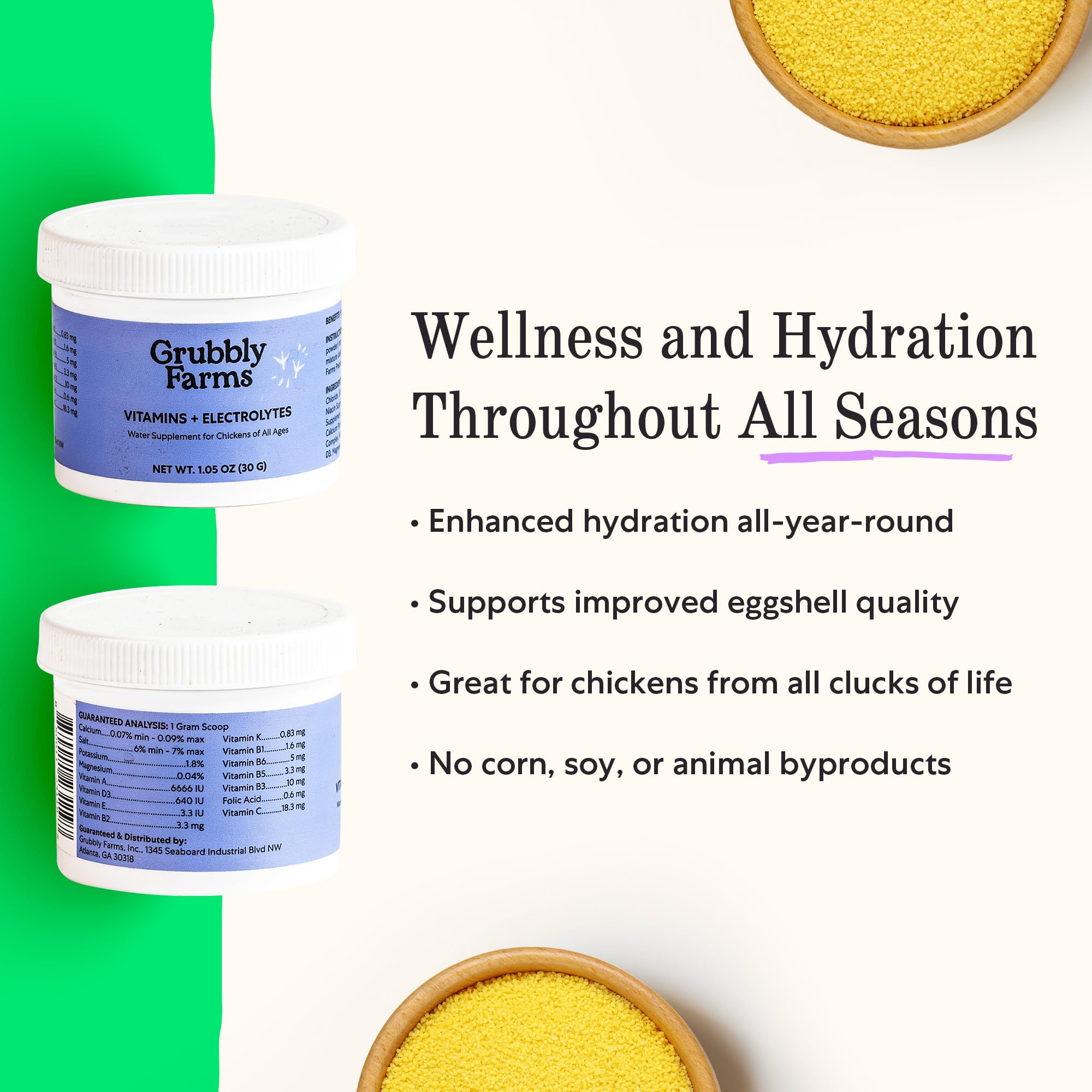 Grubbly Farms, dosage-poudre, facilite le mélange dans l’eau des poulets.