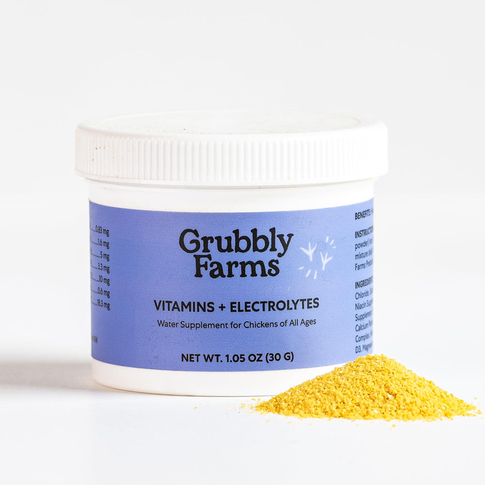 Grubbly Farms, flacon-poudre, hydratation efficace des poulets.