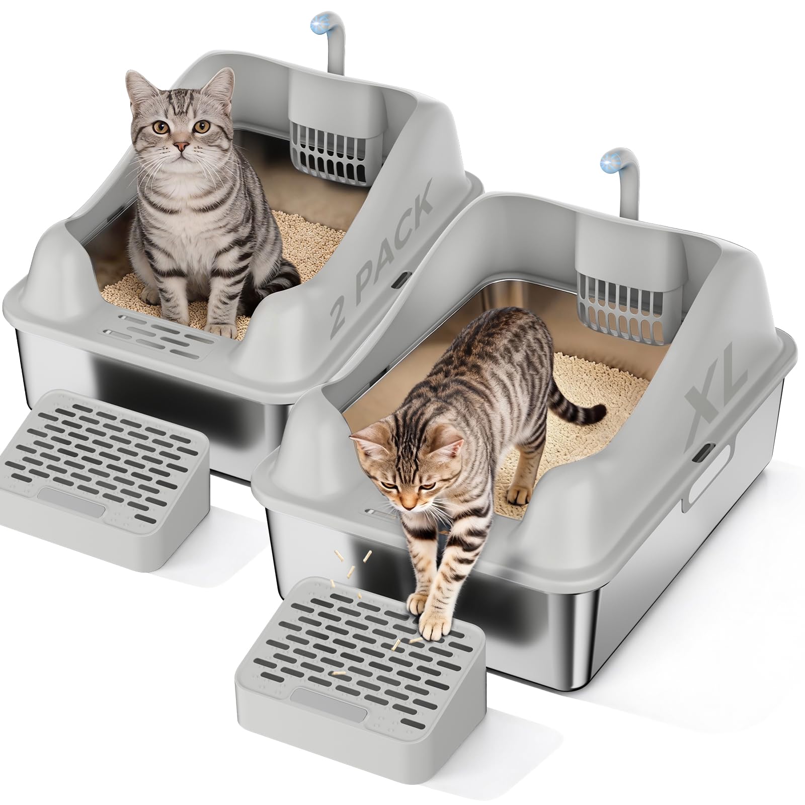 GTPLAYER Litière acier inox grand-format: espace intérieur généreux pour plusieurs chats.