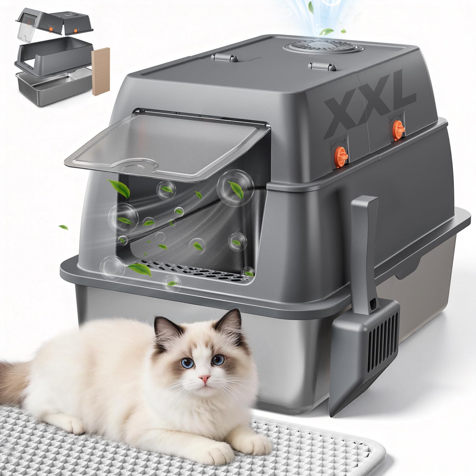 GTPLAYER XXL boite à litière en acier inoxydable avec couvercle, espace spacieux pour chats.