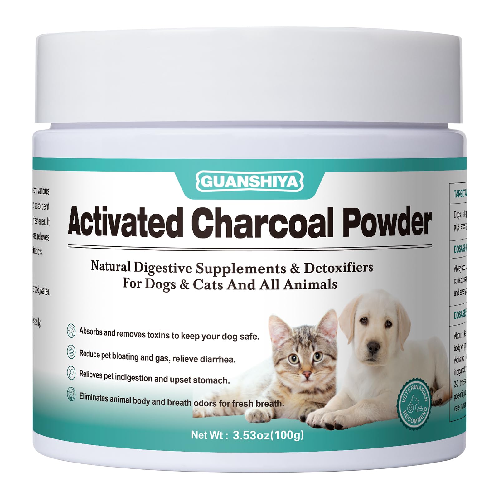 Guanshiya Charbon Actif utilisé en cas d’ingestion potentielle pour animaux.