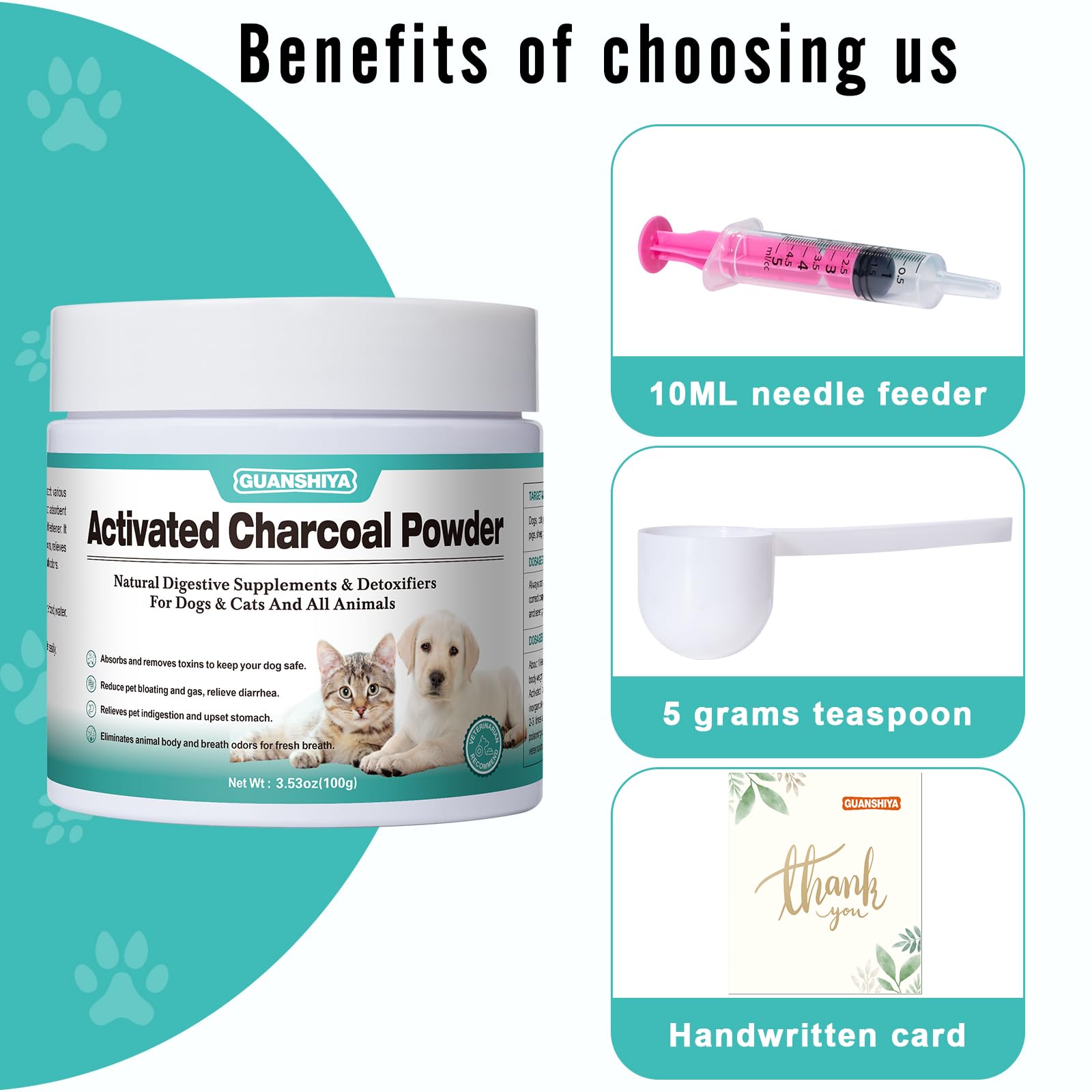 Guanshiya Charbon Actif prêt à être ajouté à votre kit d’urgence pour animaux.