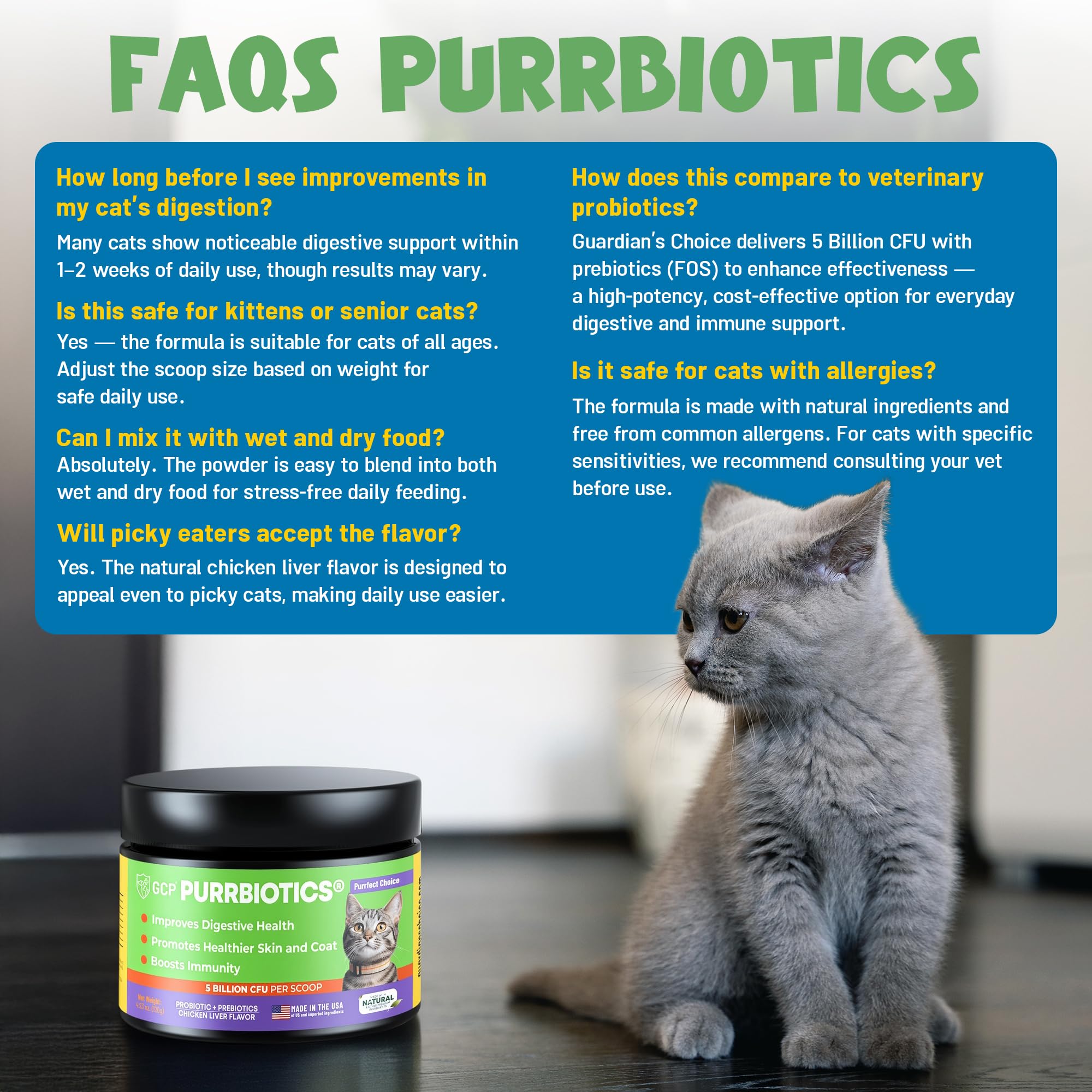 Guardian's Choice Purrbiotics – sans réfrigération, pratique pour chats d’intérieur et extérieur.