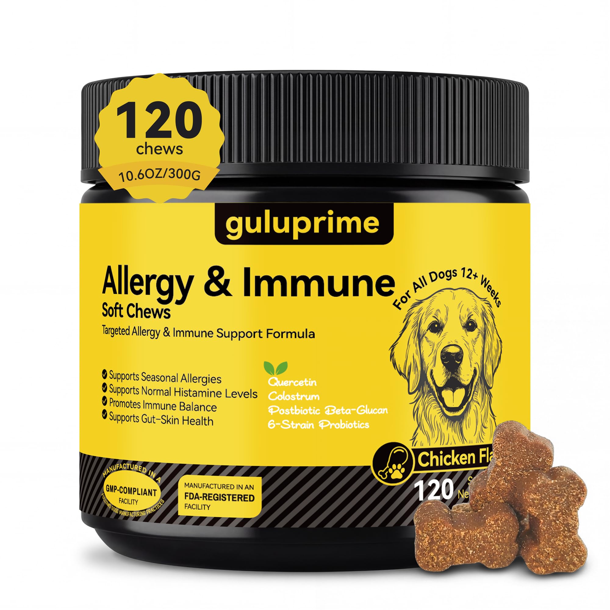 Guluprime pour chien, allergie-relief gommes: soutien des allergies saisonnières et équilibre immunitaire.