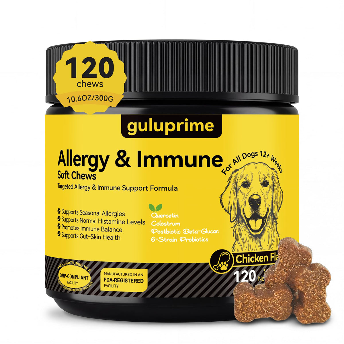 Guluprime pour chien, allergie-relief gommes: soutien des allergies saisonnières et équilibre immunitaire.