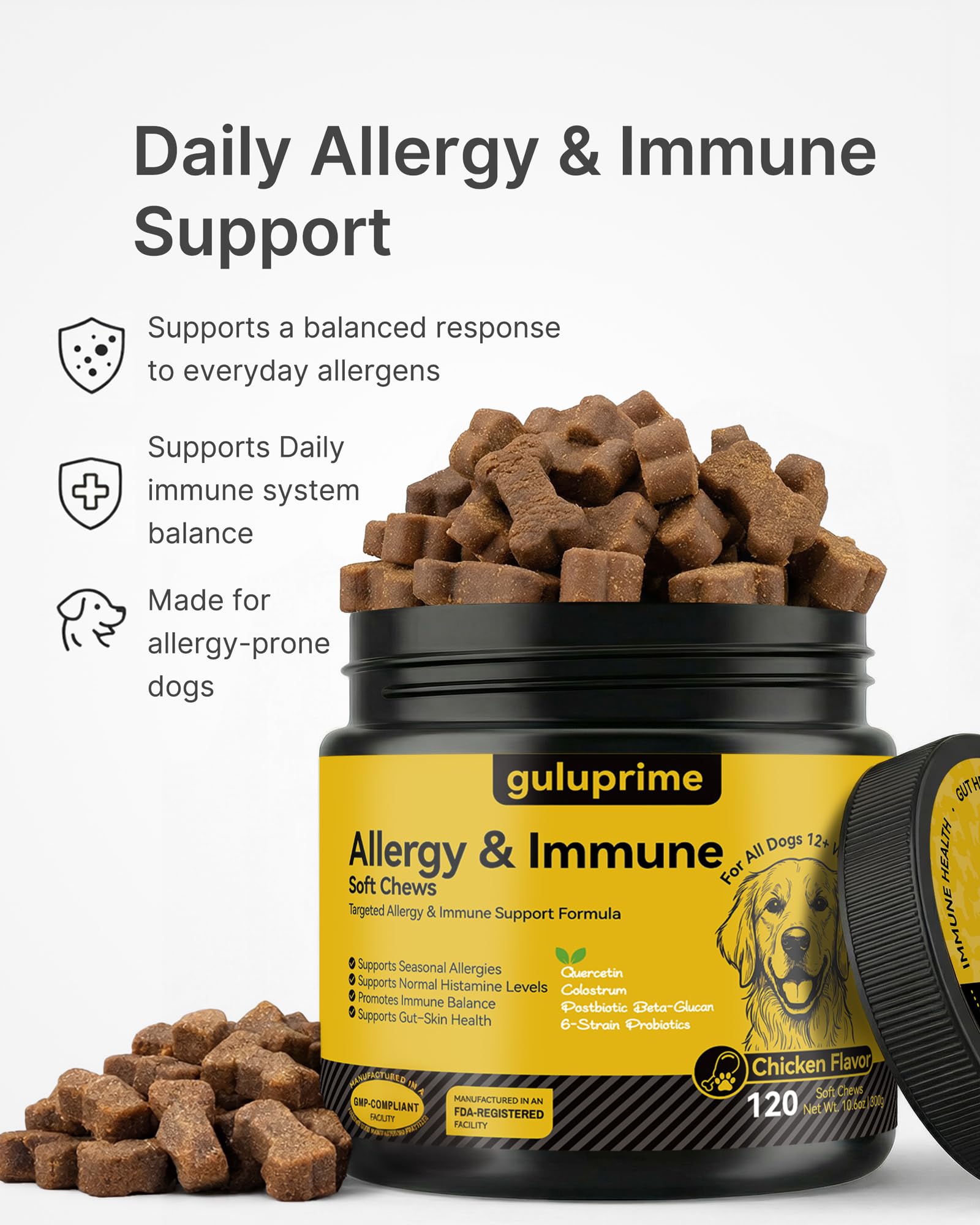 Guluprime pour chien, peau-poil-confort gommes: soutien intérieur pour la peau et le pelage.