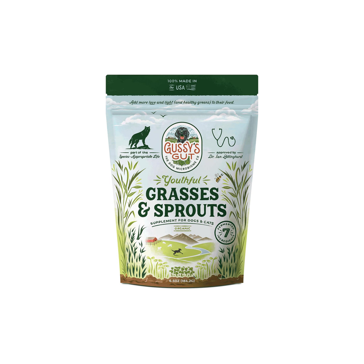 Gussy's Gut Youthful Grasses & Sprouts en poudre, nutriments pour soutenir la digestion canine.