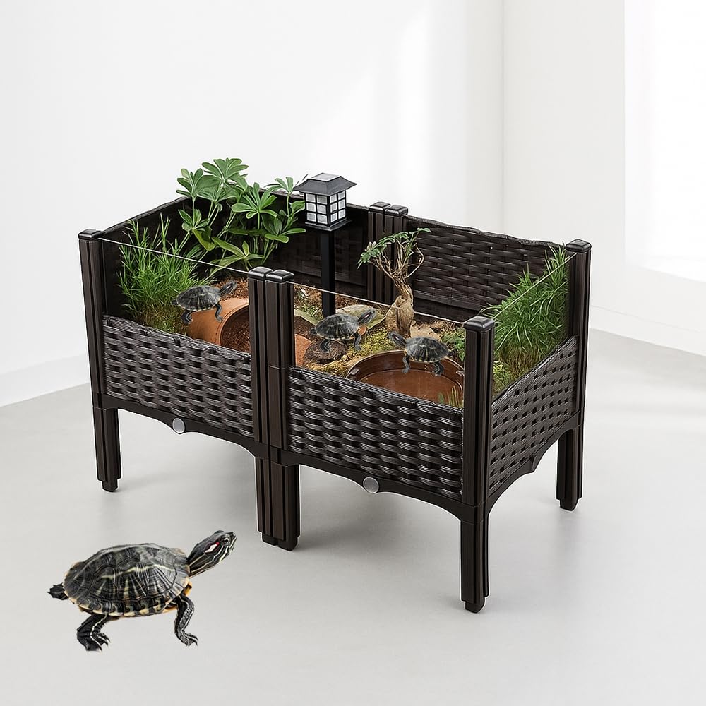 Boîte d’habitat tortue surélevée: design noir et double niveau pratique