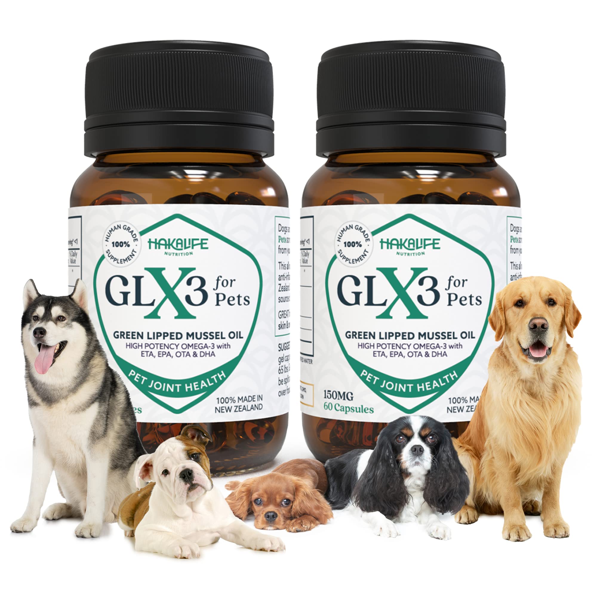 GLX3 HAKA Life: bouteille et gélules soutiennent les articulations des chiens.